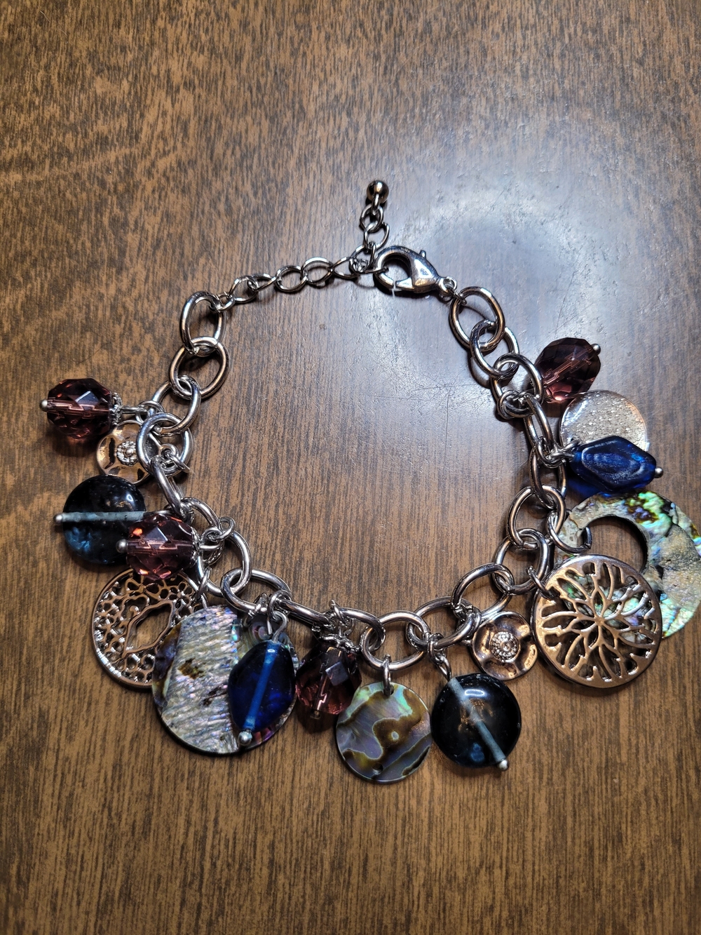 Silver Charm Bracelet with Blue, Purple Beads & Silver and Abalone Disc Charms